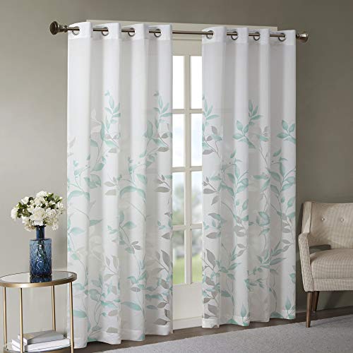 Madison Park Cecily Semi Sheer SINGLE Panel Window Curtain Burnout Botanical Print, Easy To Hang, Fits up to 1.25" Diameter Rod, 50x84", Leaves Aqua