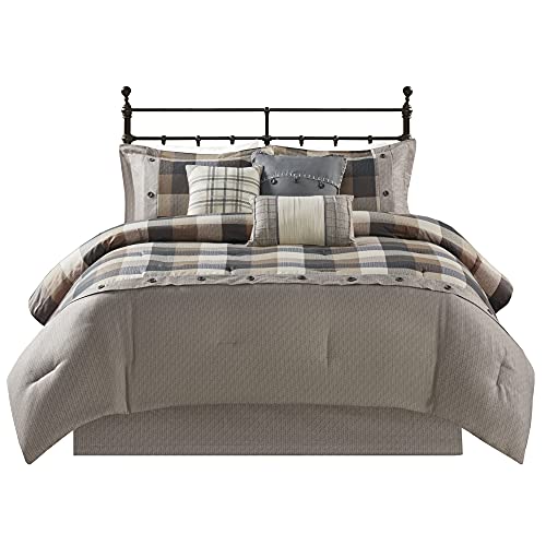 Madison Park Ridge Comforter Set-Cabin Lodge Plaid Herringbone Design All Season Down Alternative Cozy Bedding with Matching Bedskirt, Shams, Decorative Pillow, King(104"x92"), Neutral 7 Piece