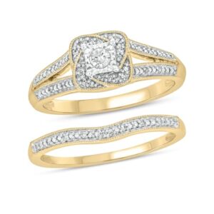 Cali Trove Diamond Illusion Set & Twisted Halo Wedding Ring Set for Women with Diamond Curved Half Eternity Band (Yellow Gold Plated Silver) | 1/5cttw Real White Diamond Ring for her | Gift for her