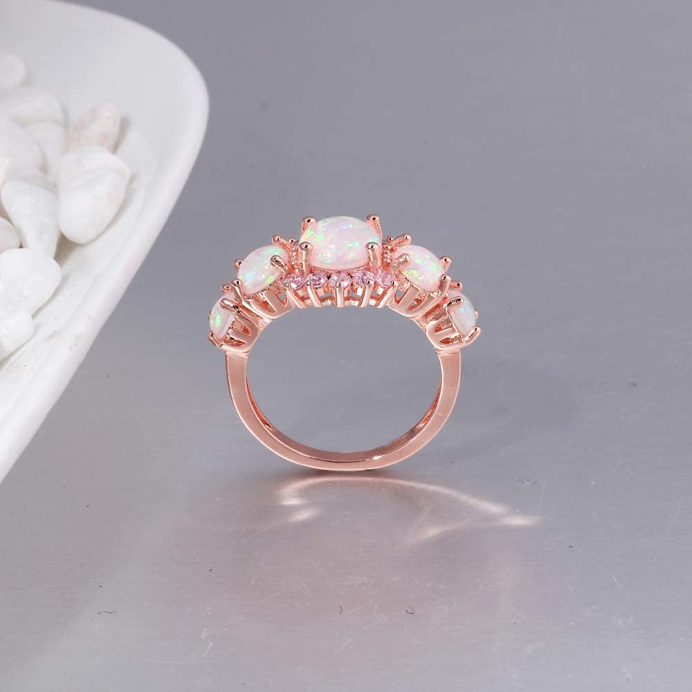 CiNily Womens Opal Rings 14K Rose Gold Plated Pink Fire Opal Jewerly Gift Engagement Ring Size 9