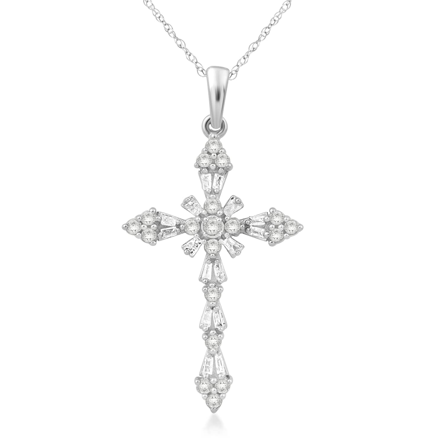 Jewelili Cross Necklace Pendant in 10K White and Yellow Gold with 1/2 CTTW Natural White Round and Baguette Diamonds 18" Rope Chain