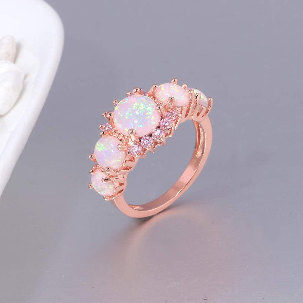 CiNily Womens Opal Rings 14K Rose Gold Plated Pink Fire Opal Jewerly Gift Engagement Ring Size 9