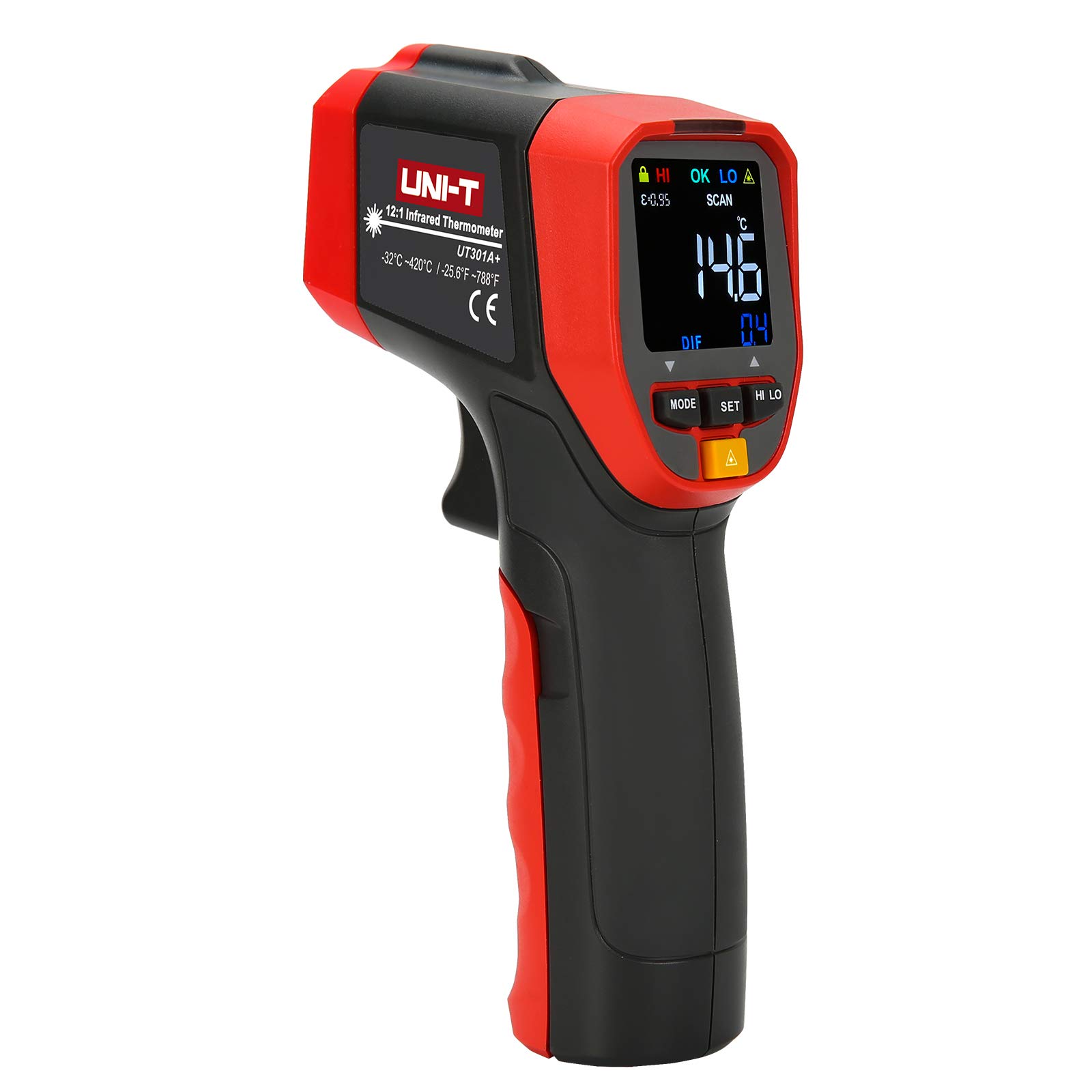 UNI-T UT301A+ Infrared Thermometer, Not for Human, -25.6°F to 788°F (-32°C to 420°C) Non-Contact Digital Laser Temperature Gun with LCD Display, Red & Grey