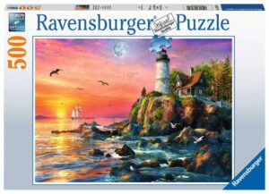 ravensburger lighthouse at sunset - 500 piece jigsaw puzzle for all ages | unique softclick technology | vibrant artistry | made with environmentally conscious practices