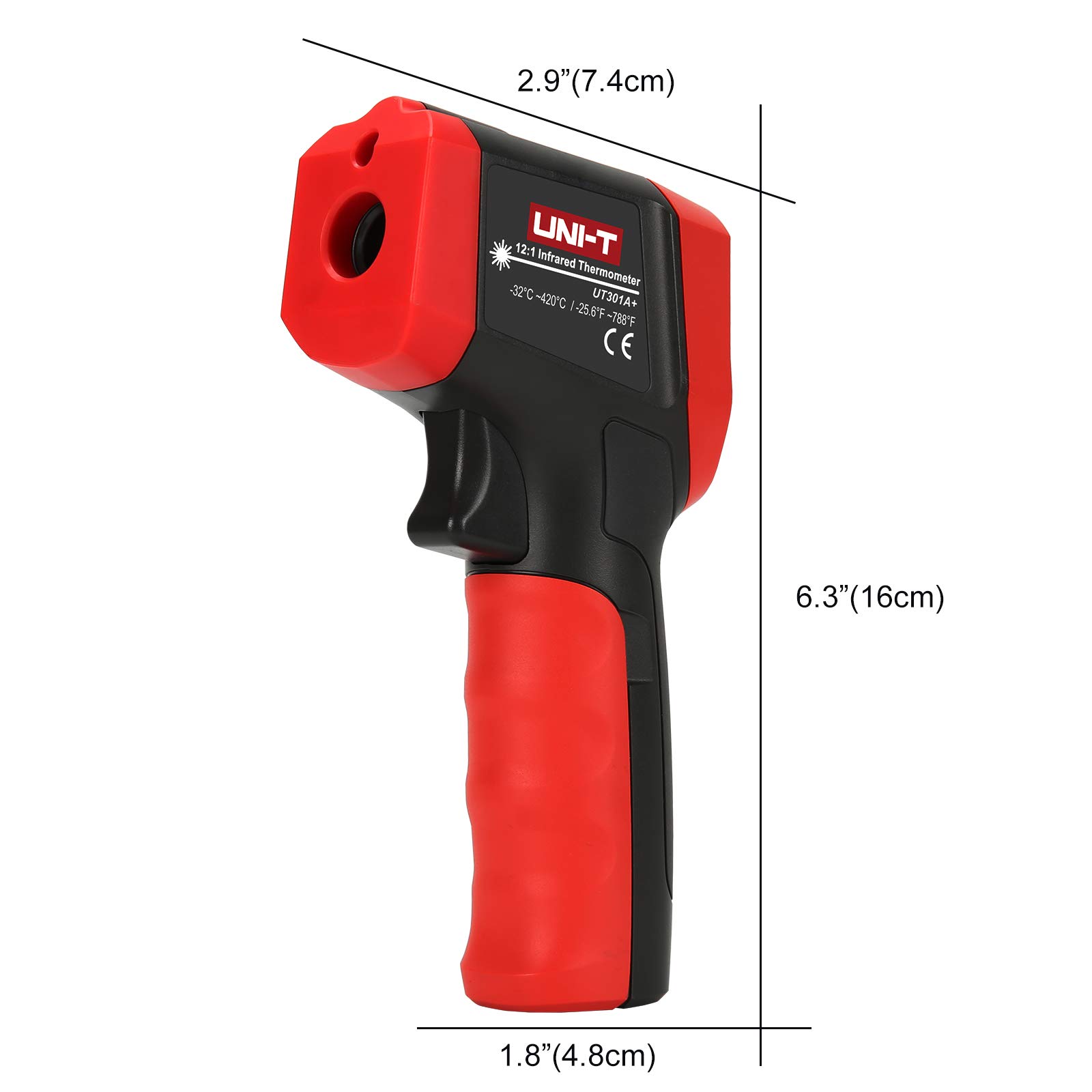 UNI-T UT301A+ Infrared Thermometer, Not for Human, -25.6°F to 788°F (-32°C to 420°C) Non-Contact Digital Laser Temperature Gun with LCD Display, Red & Grey