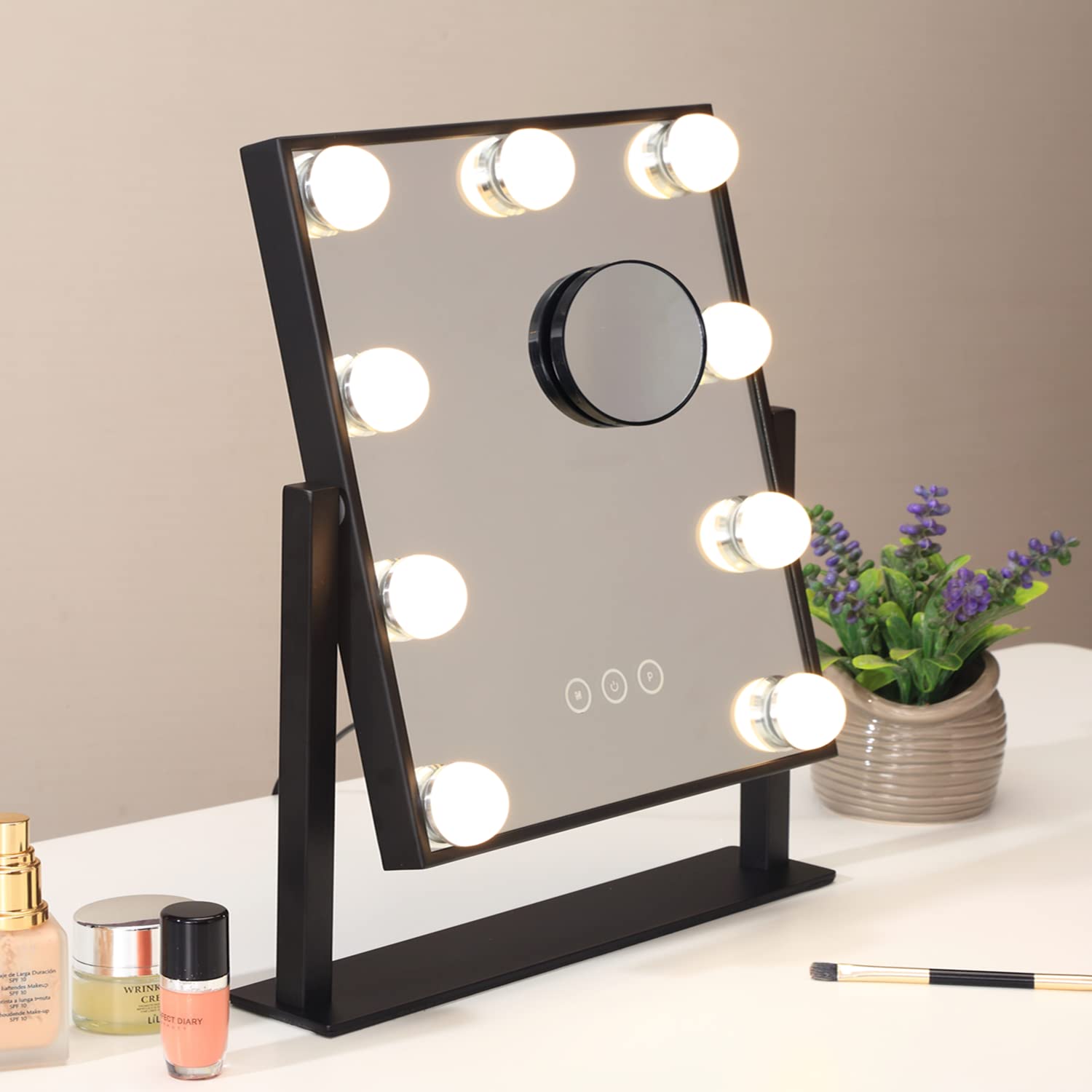 NUSVAN Vanity Mirror with Lights,Makeup Mirror with Lights with 9 Dimmable LED Bulbs, 3 Color Lighting Modes Detachable 10X Magnification Mirror Touch Control,360°Rotation