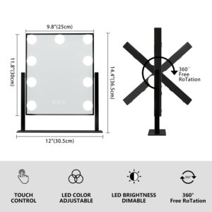 NUSVAN Vanity Mirror with Lights,Makeup Mirror with Lights with 9 Dimmable LED Bulbs, 3 Color Lighting Modes Detachable 10X Magnification Mirror Touch Control,360°Rotation