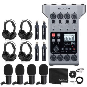 zoom podtrak p4 portable multitrack podcast recorder + 4x zoom m-1 mic + 4x headphones + windscreens + xlr cables + 4x tabletop stand + cloth – 4 person podcasting mic pack bundle