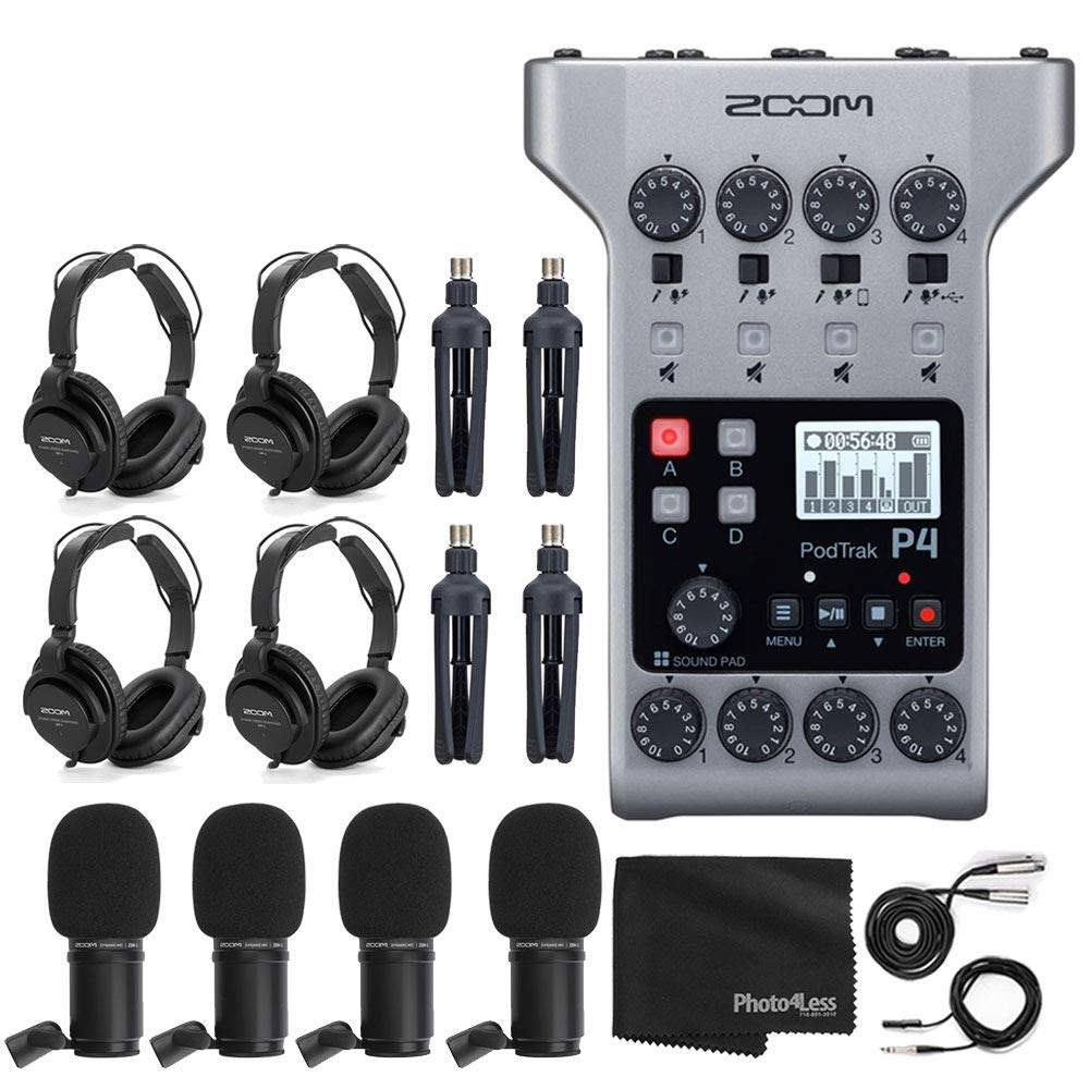 Zoom PodTrak P4 Portable Multitrack Podcast Recorder + 4x Zoom M-1 Mic + 4x Headphones + Windscreens + XLR Cables + 4x Tabletop Stand + Cloth – 4 Person Podcasting Mic Pack Bundle