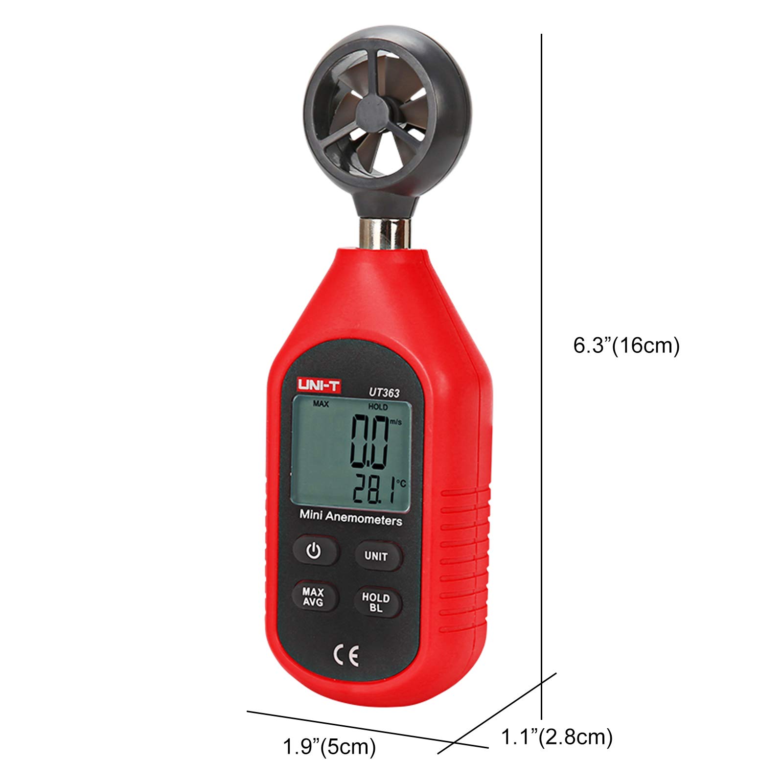 UNI-T UT363 Handheld Anemometer Wind Speed Meter Wind Chill Air Temperature Gauge -14°F to 122°F (-10°C to 50°C) with LCD Backlit Max/Avg Data Hold