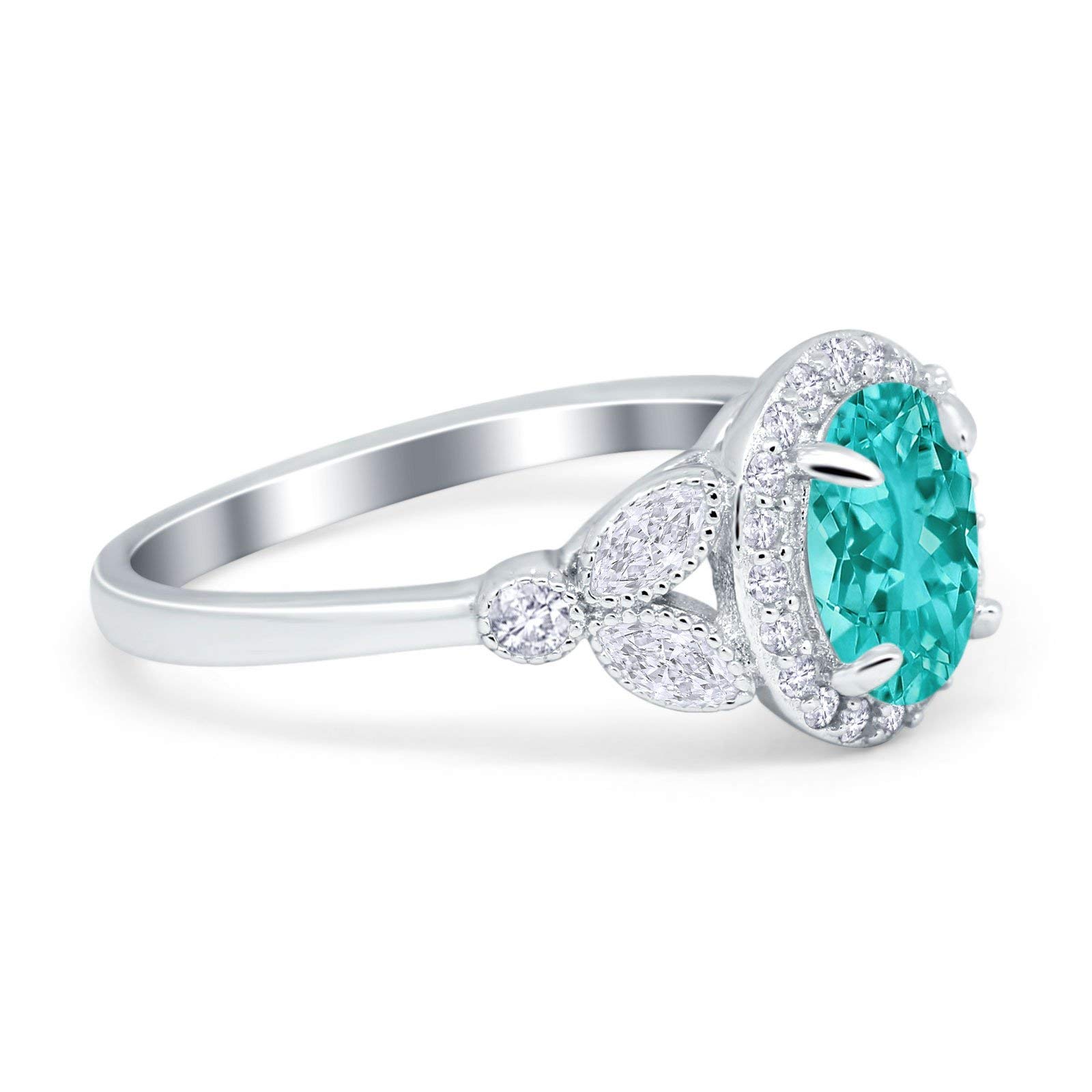 Blue Apple Co. Simulated Paraiba Tourmaline CZ Size-9 Oval Art Deco Wedding Engagement Ring Halo Round Simulated Cubic Zirconia 925 Sterling Silver