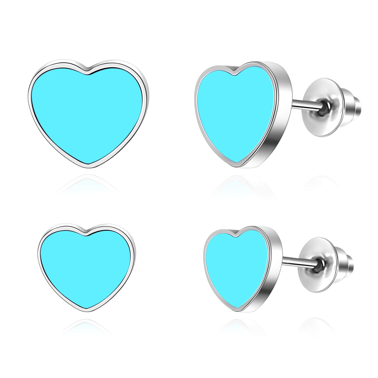 Blue Enamel Heart Earrings for Women - Love Heart Women Stud Earrings | Silver-tone Stainless Steel Lightweight Stud Earrings