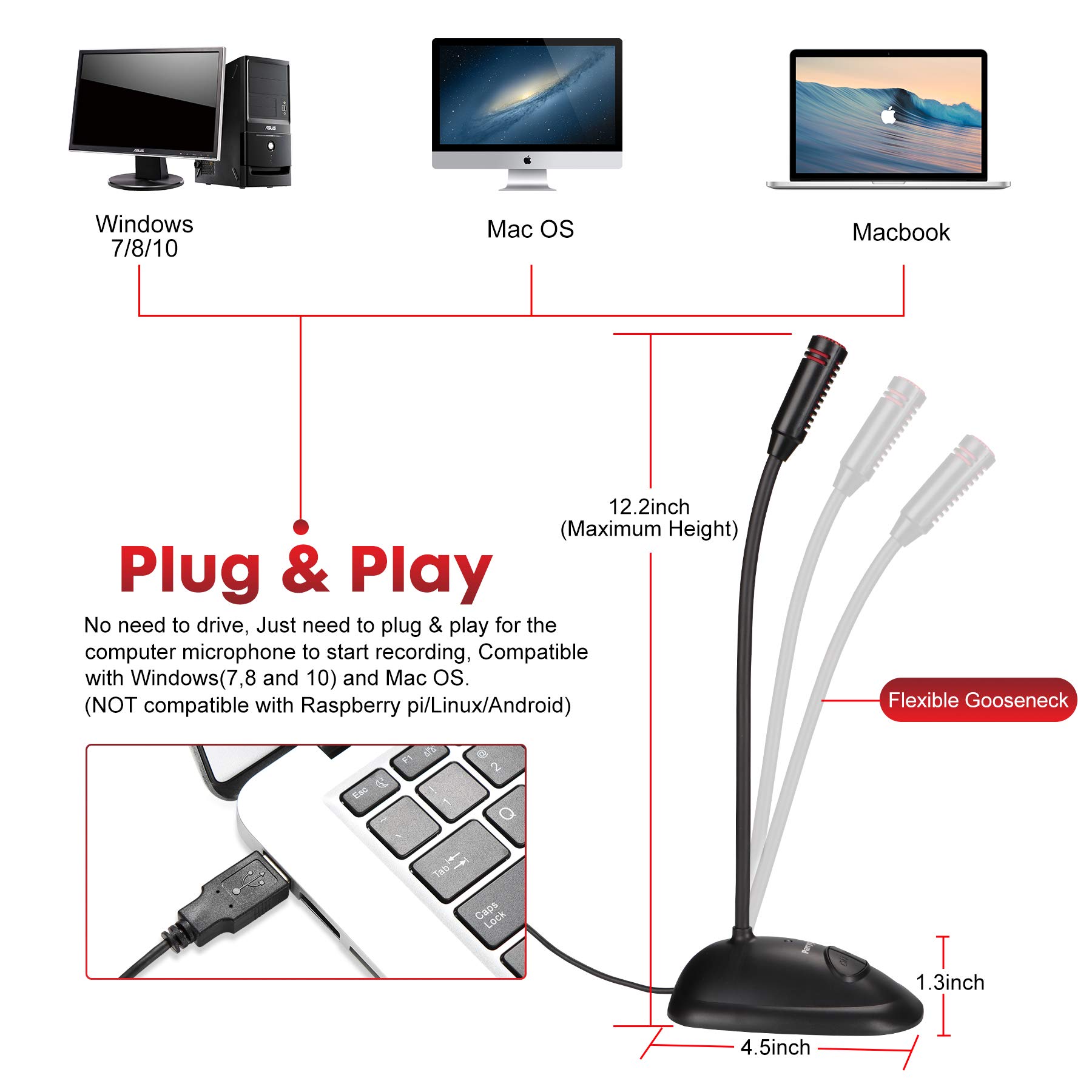 USB Computer Microphone, Plug&Play Cardioid Condenser PC Laptop Mic, On/Off and Mute Buttons with LED Indicator, Compatible with Windows/Mac, Ideal for YouTube,Zoom,Recording,Games (6ft)