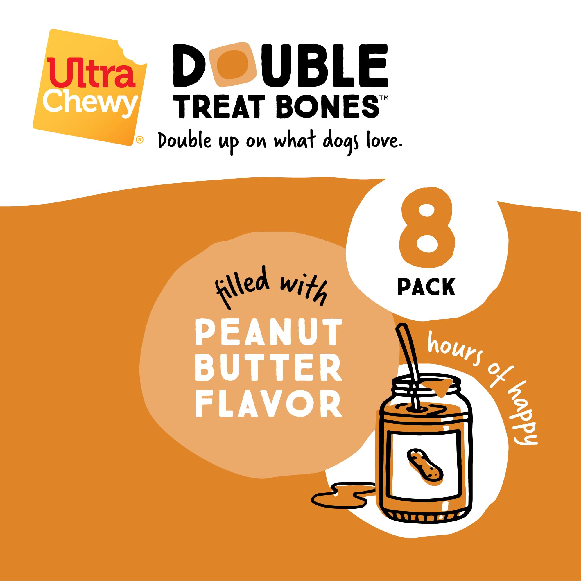 Ultra Chewy Double Treat Bones: Long-Lasting Dog Treats Made in USA for Large and Small Breeds, Highly Digestible, Ideal for Aggressive Chewers (Peanut Butter, 2 Value Packs)