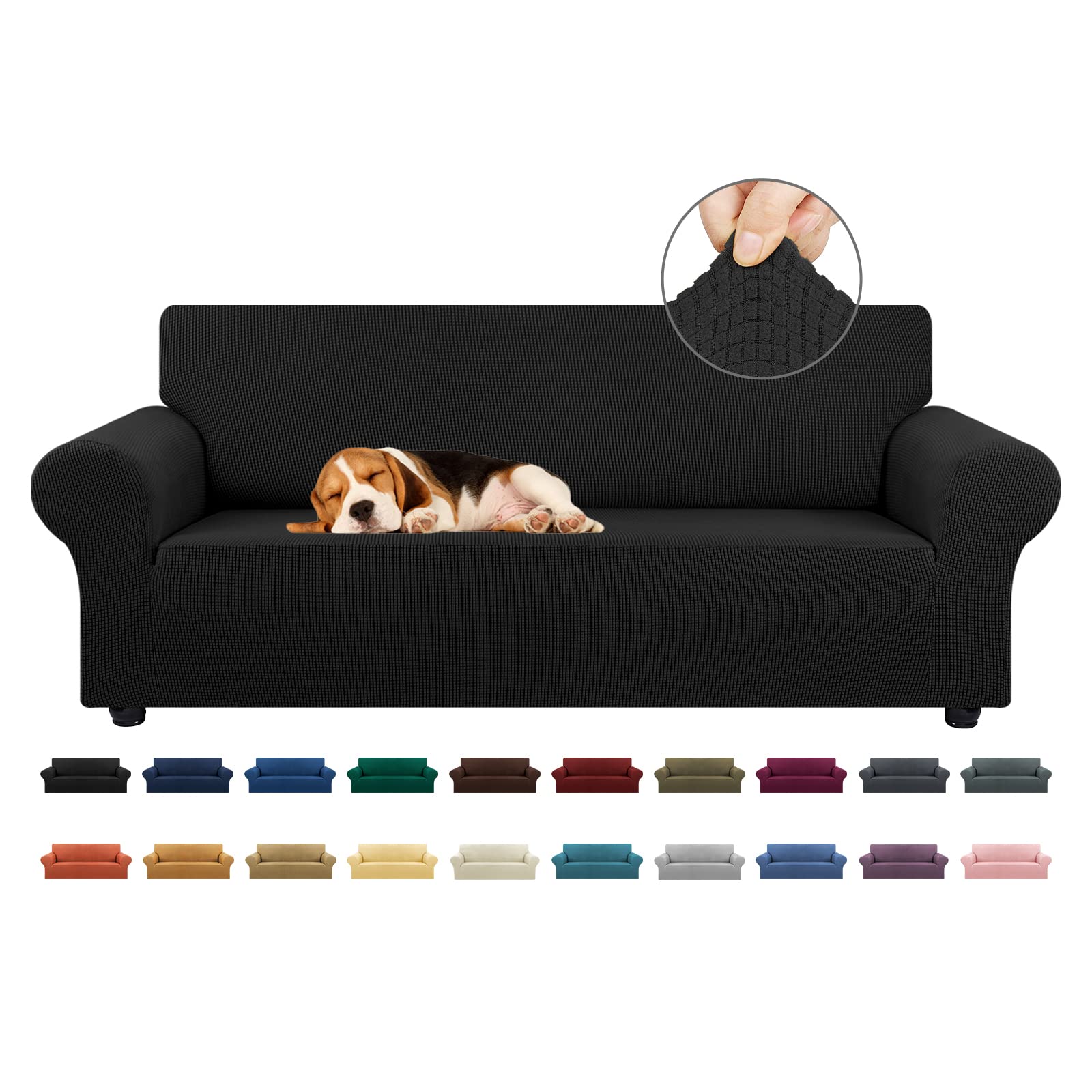 KEKUOU Stretch Sofa Cover Slipcover ，Couch Covers for 3 Cushion Couch Sofa pet Friendly (79"-94") Furniture Protector Sofa with Elastic Bottom for Kids,Dog, Jacquard Small Checked(Large,Black)