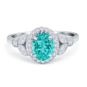 Blue Apple Co. Simulated Paraiba Tourmaline CZ Size-9 Oval Art Deco Wedding Engagement Ring Halo Round Simulated Cubic Zirconia 925 Sterling Silver