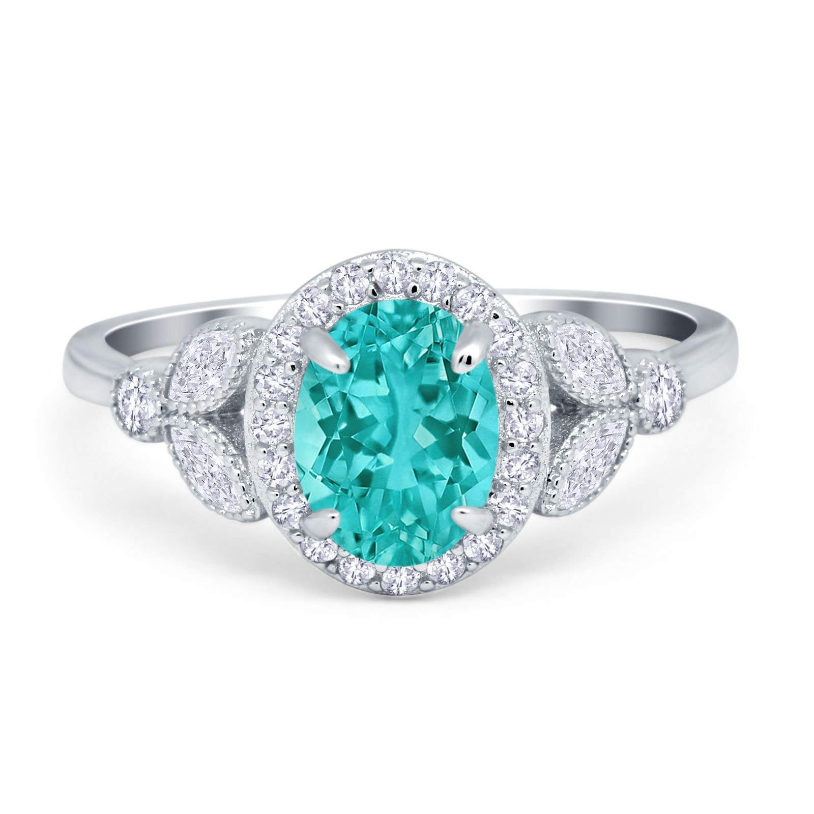 Blue Apple Co. Simulated Paraiba Tourmaline CZ Size-9 Oval Art Deco Wedding Engagement Ring Halo Round Simulated Cubic Zirconia 925 Sterling Silver