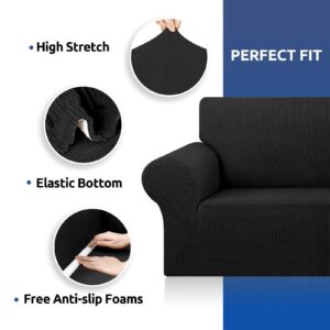 KEKUOU Stretch Sofa Cover Slipcover ，Couch Covers for 3 Cushion Couch Sofa pet Friendly (79"-94") Furniture Protector Sofa with Elastic Bottom for Kids,Dog, Jacquard Small Checked(Large,Black)