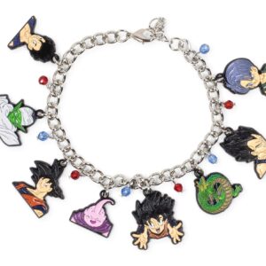 Toynk Dragon Ball Z Character 15-mm Silver-Toned Charm Bracelet | Includes 8 Unique Enamel Pendant Charms | Goku, Vegeta, Piccolo, And More | Fashionable Anime Manga Wrist Jewelry Accessories