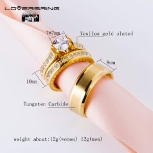 LOVERSRING 3pc Couple Ring Bridal Sets Women 14k Yellow Gold Plated Cz Man Tungsten Carbide Band Wedding Ring Sets for Him and Her