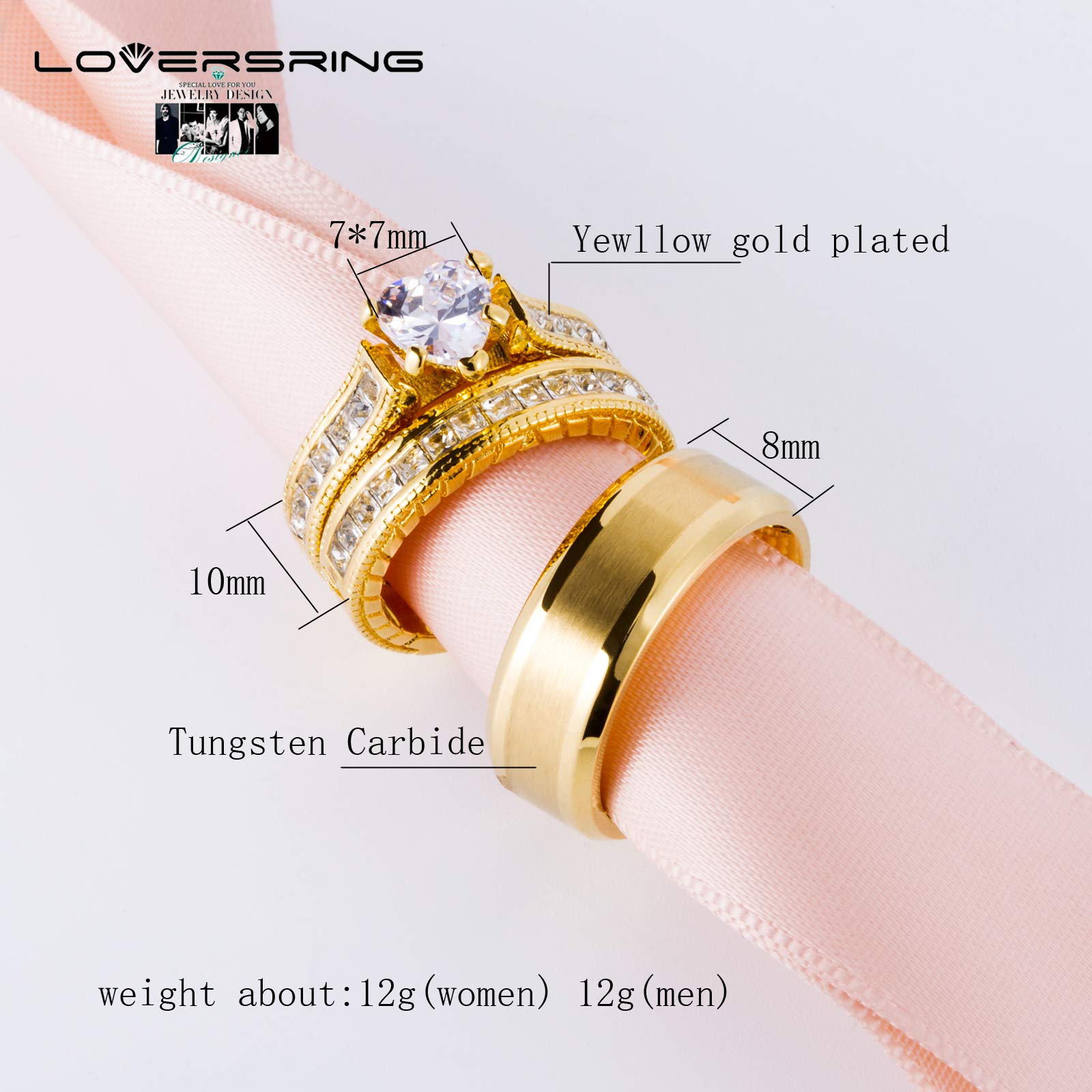 LOVERSRING 3pc Couple Ring Bridal Sets Women 14k Yellow Gold Plated Cz Man Tungsten Carbide Band Wedding Ring Sets for Him and Her