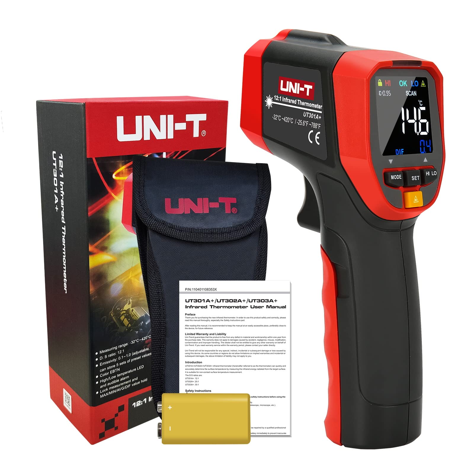 UNI-T UT301A+ Infrared Thermometer, Not for Human, -25.6°F to 788°F (-32°C to 420°C) Non-Contact Digital Laser Temperature Gun with LCD Display, Red & Grey