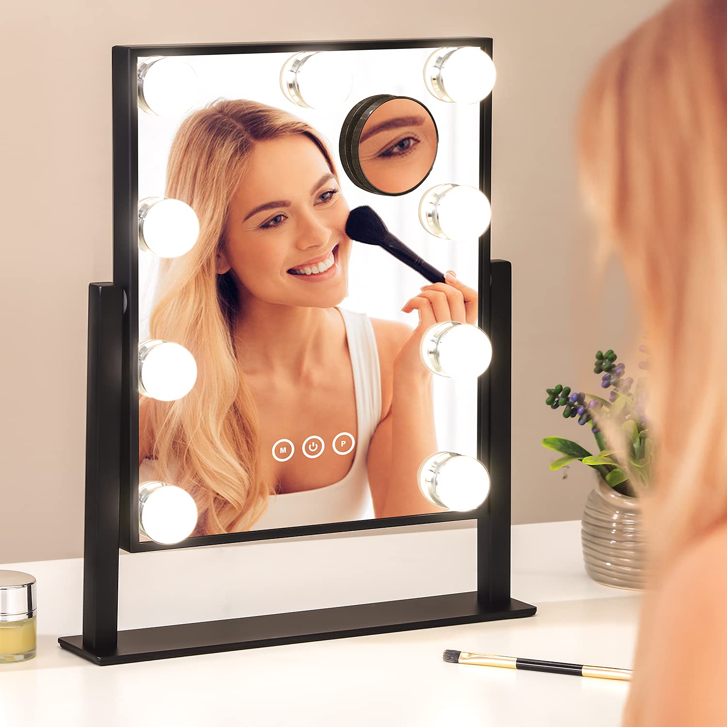 NUSVAN Vanity Mirror with Lights,Makeup Mirror with Lights with 9 Dimmable LED Bulbs, 3 Color Lighting Modes Detachable 10X Magnification Mirror Touch Control,360°Rotation