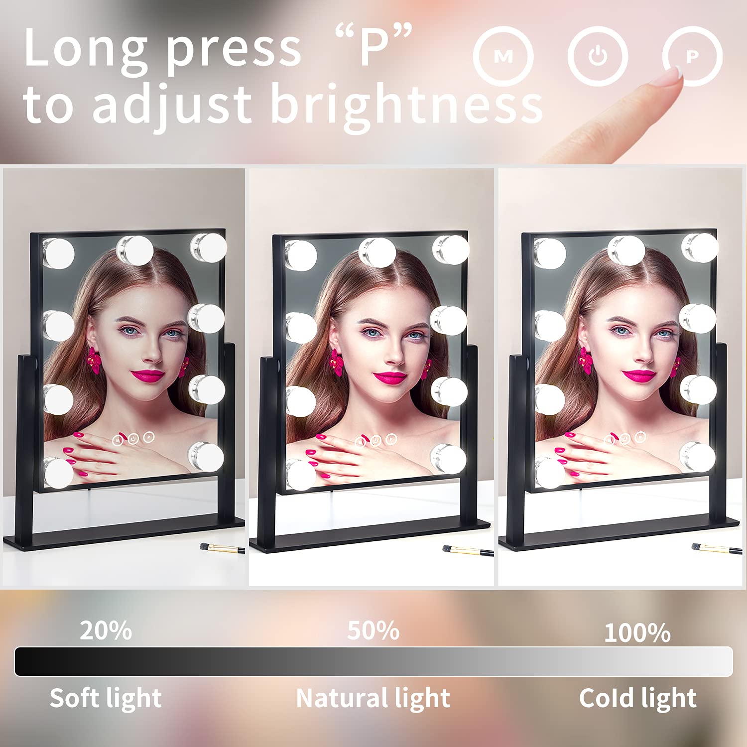 NUSVAN Vanity Mirror with Lights,Makeup Mirror with Lights with 9 Dimmable LED Bulbs, 3 Color Lighting Modes Detachable 10X Magnification Mirror Touch Control,360°Rotation