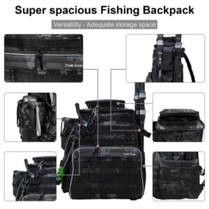 Thekuai Fishing Tackle Backpack 2 Fishing Rod Holders with 4 Tackle Boxes, Large Storage, Backpack for Trout Fishing Outdoor Sports Camping Hiking (Camo Black with 4 Trays)