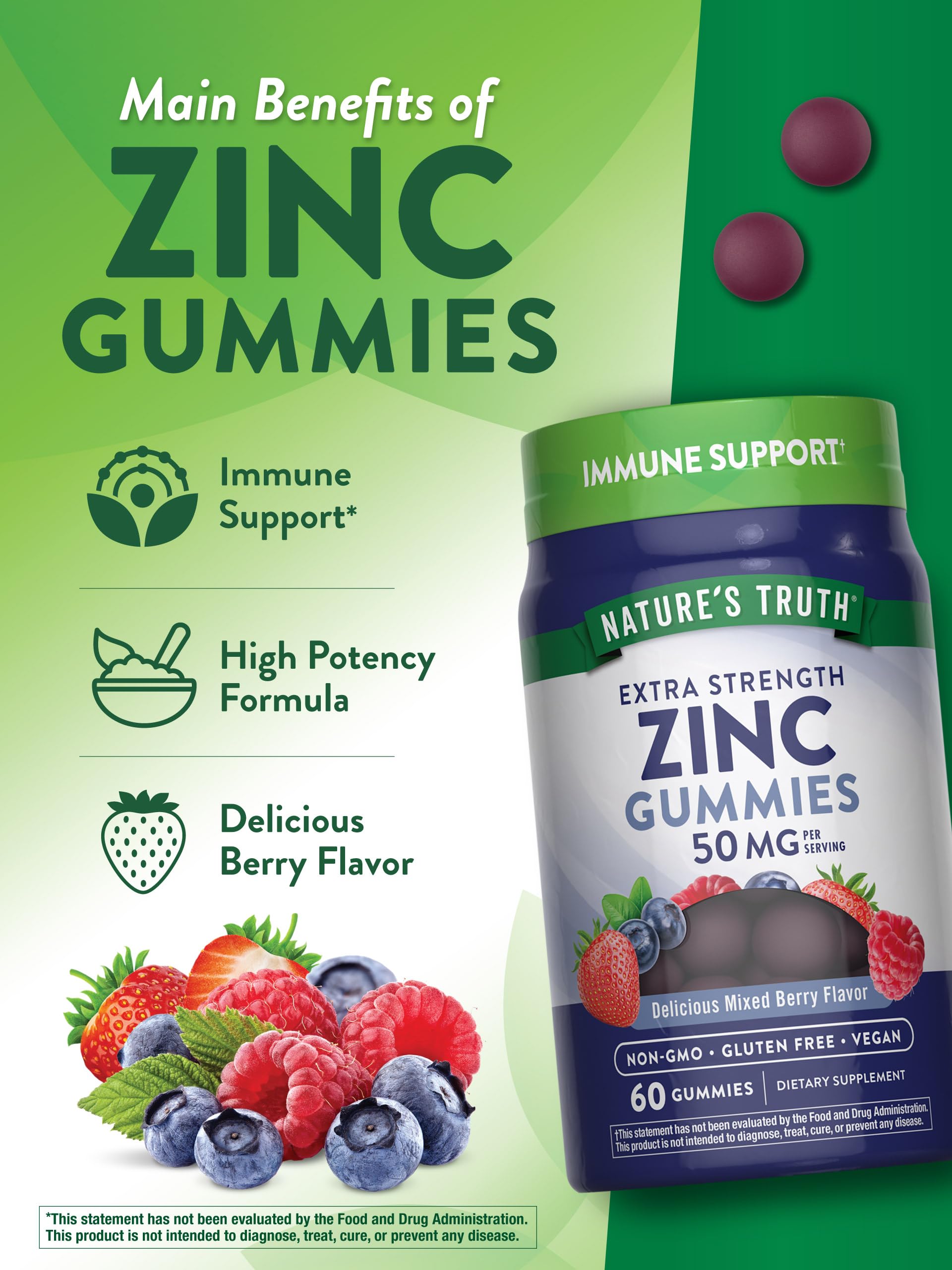 Zinc Gummies | 50mg | 60 Count | Vegan, Non-GMO & Gluten Free Supplement | Mixed Berry Flavor | by Natures Truth