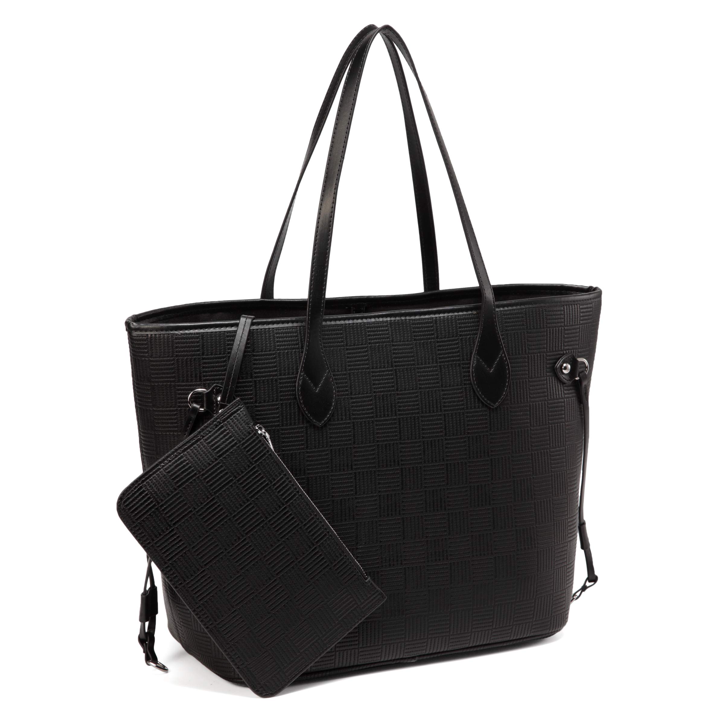 Daisy Rose Tote Shoulder Travel Bag & Matching Clutch PU Vegan Leather - Black Check