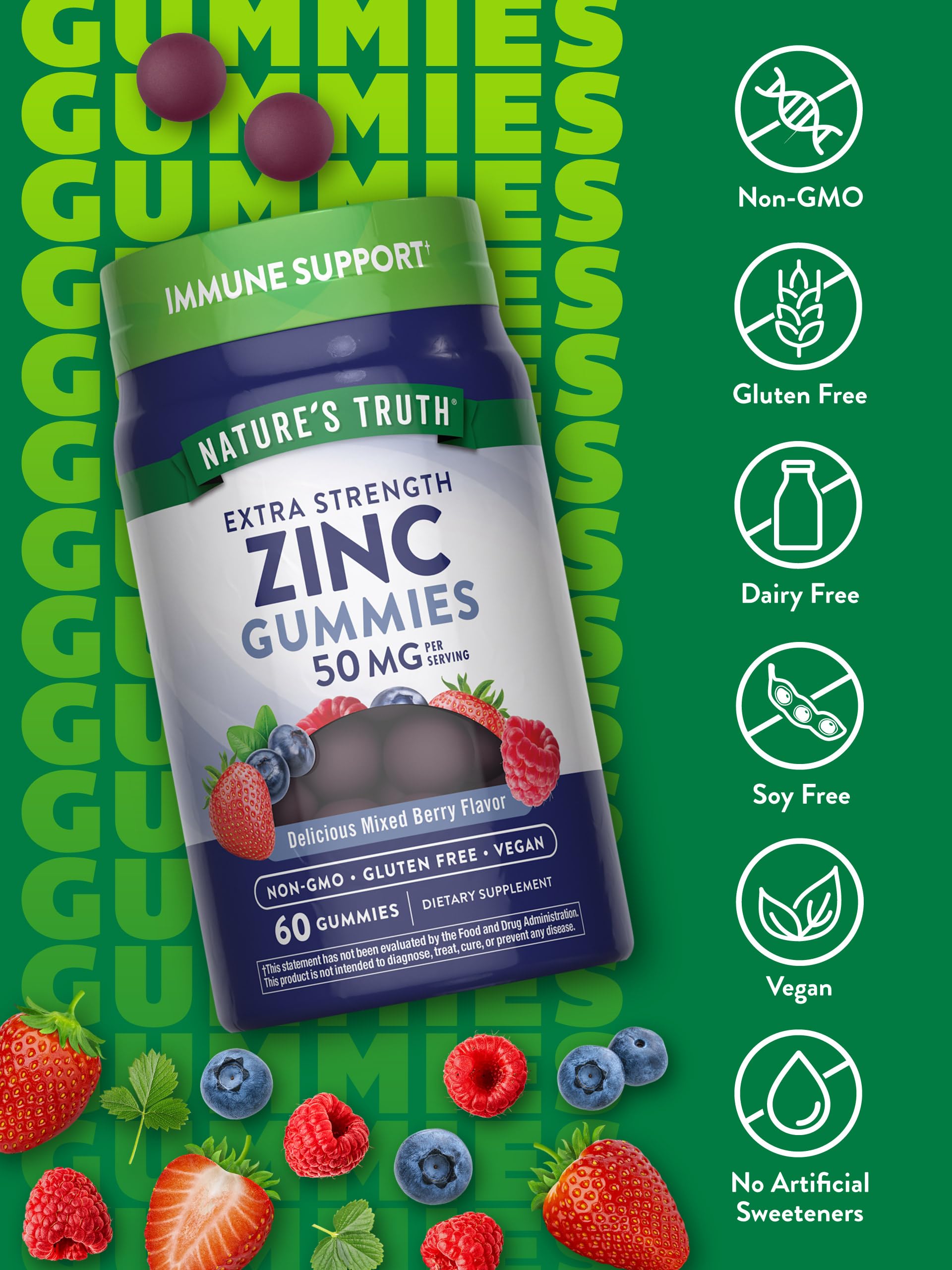 Zinc Gummies | 50mg | 60 Count | Vegan, Non-GMO & Gluten Free Supplement | Mixed Berry Flavor | by Natures Truth