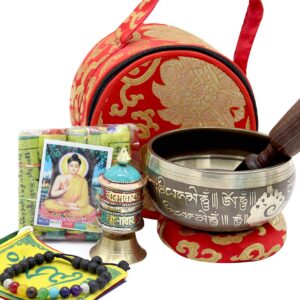 Khusi Tibetan singing bowls, spiritual gift set. Including 7 chakra bracelet, prayer beads rudhrachya mala, buddhist prayer flag & Prayer wheel.