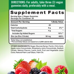 Zinc Gummies | 50mg | 60 Count | Vegan, Non-GMO & Gluten Free Supplement | Mixed Berry Flavor | by Natures Truth