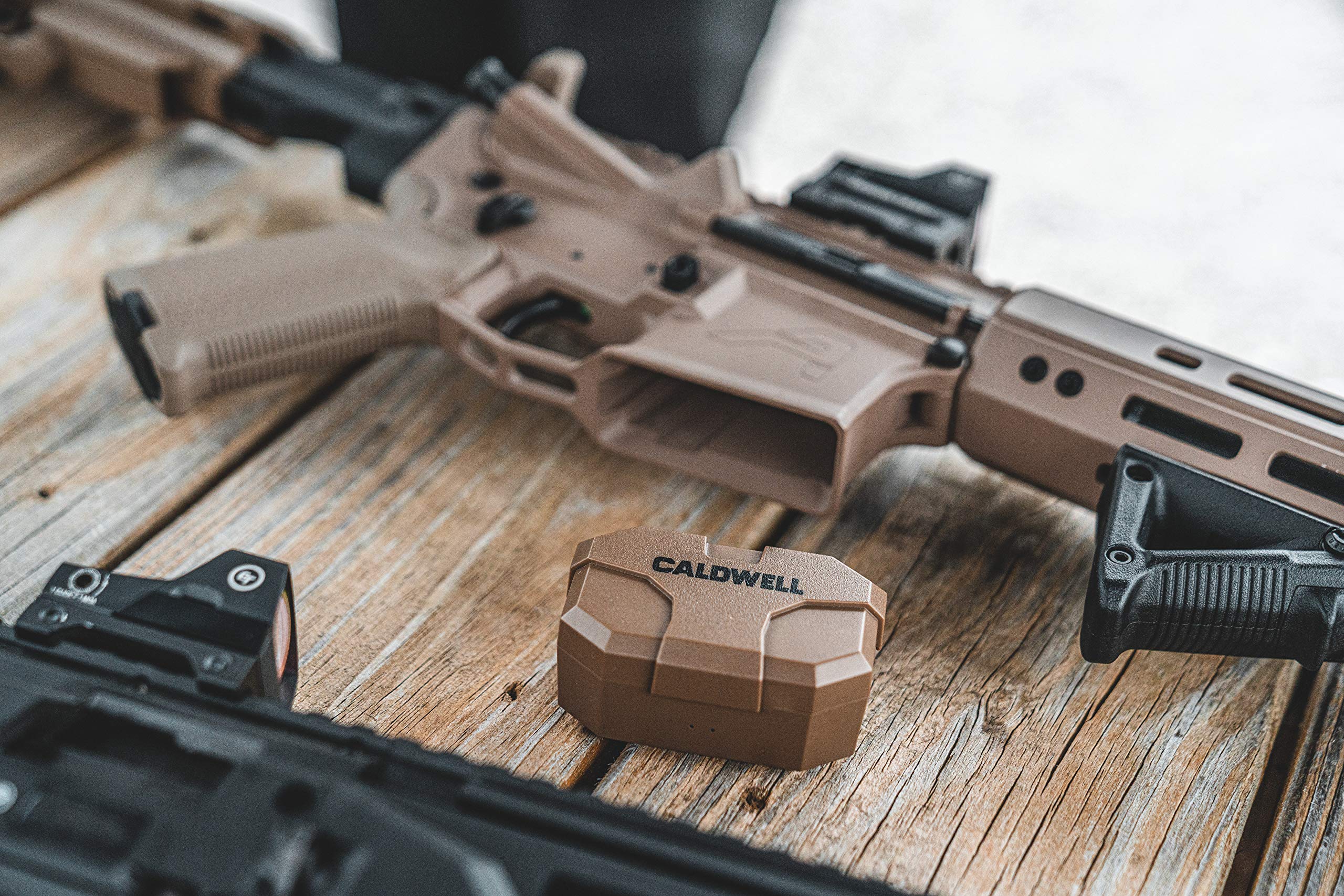 Caldwell E-Max Shadows FDE 23 Decibels NRR - Electronic Hearing Protection with Bluetooth Connectivity for Shooting, Hunting, and Range, Brown