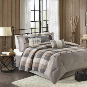 madison park ridge comforter set-cabin lodge plaid herringbone design all season down alternative cozy bedding with matching bedskirt, shams, decorative pillow, king(104"x92"), neutral 7 piece