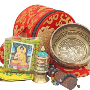 Khusi Tibetan singing bowls, spiritual gift set. Including 7 chakra bracelet, prayer beads rudhrachya mala, buddhist prayer flag & Prayer wheel.