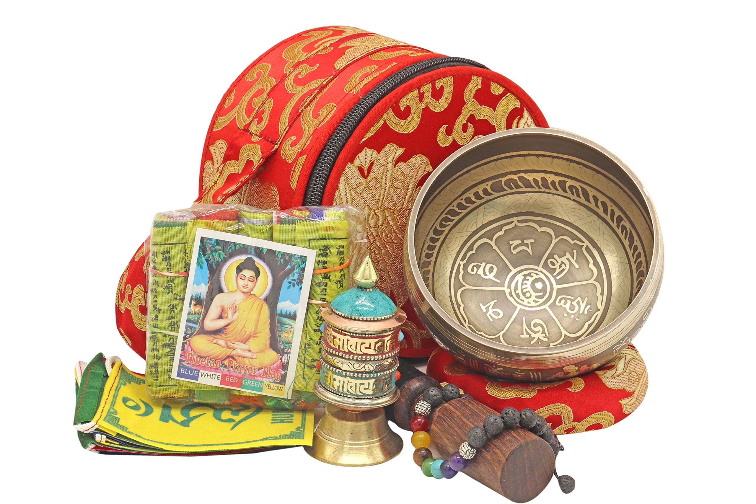 Khusi Tibetan singing bowls, spiritual gift set. Including 7 chakra bracelet, prayer beads rudhrachya mala, buddhist prayer flag & Prayer wheel.