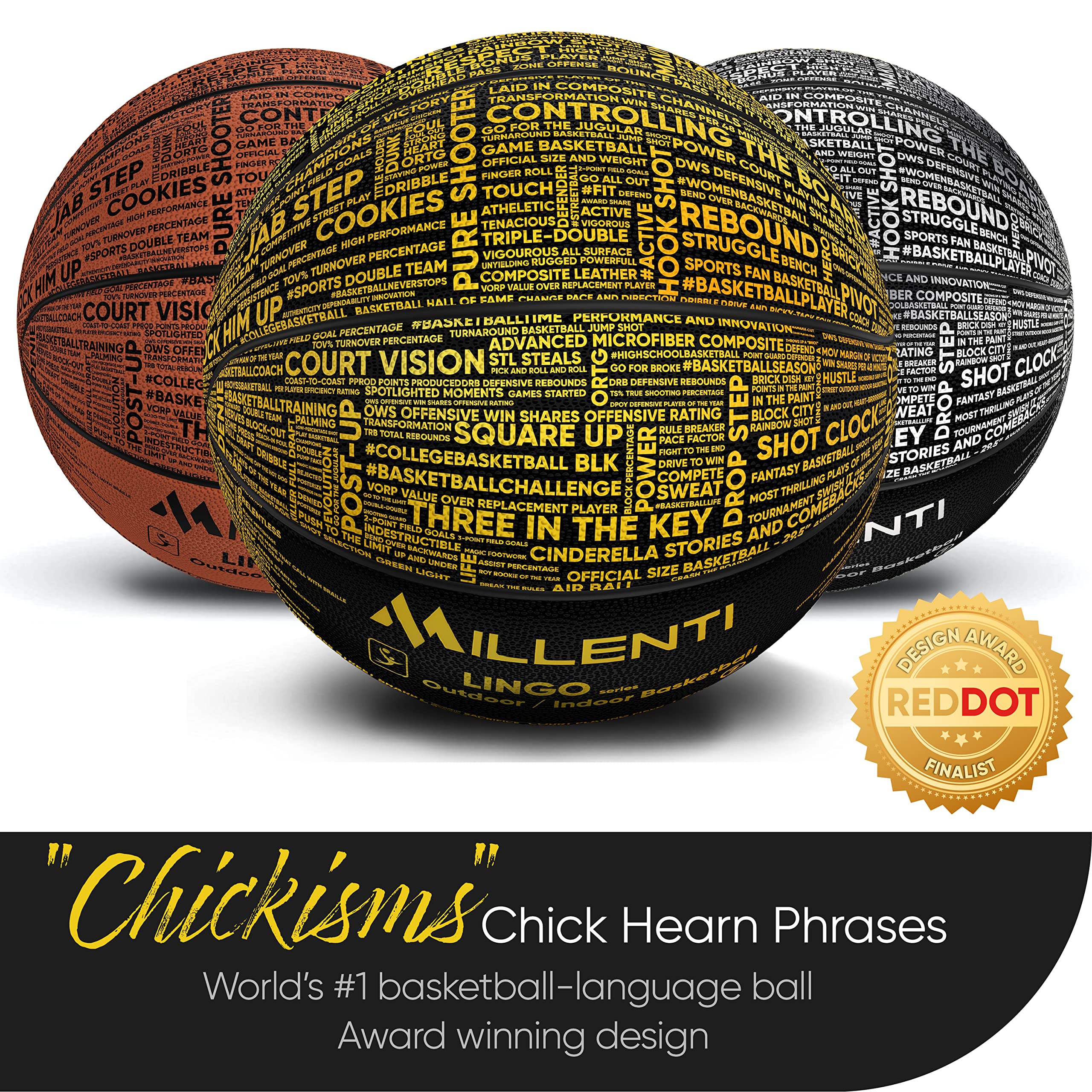 Millenti StreetCred-Lingo Series Indoor/Outdoor Basketballs Size 7-29.5 Premium Rubber Perfect Grip, with Chick Hearn Classic One Liner Basketball Adjectives, Army Green, BB0407RWB