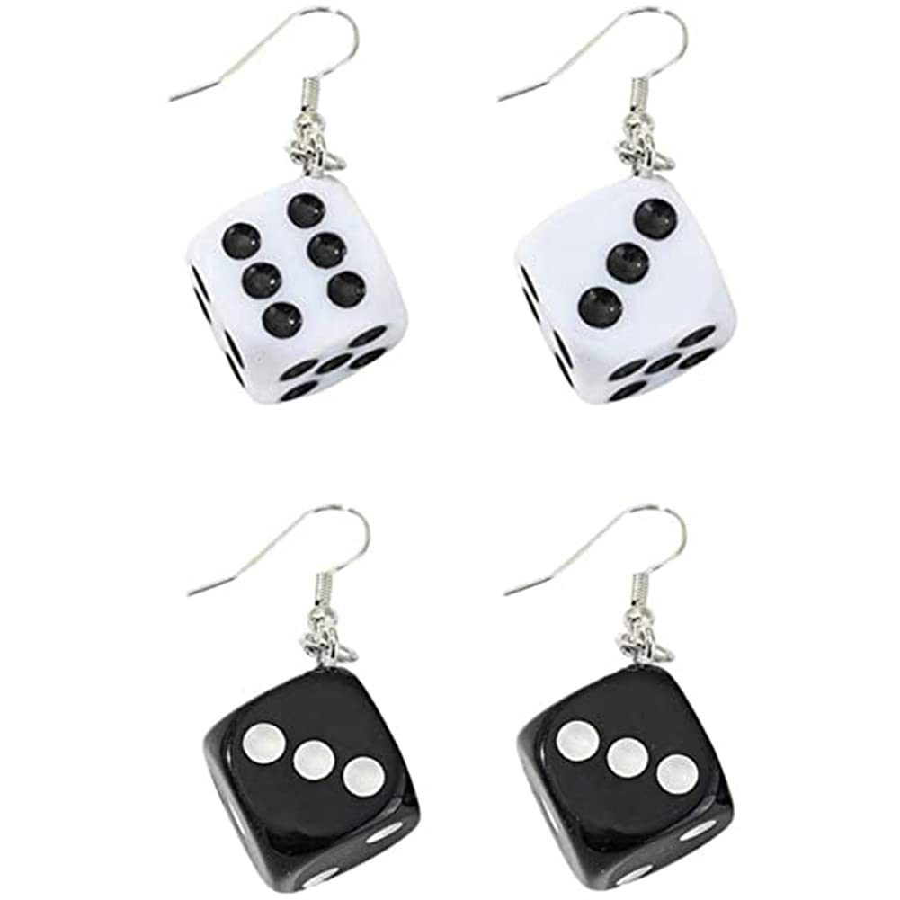 Menglisi2 Pairs Dice Earring Contracted Sieve Disco Dancing Earrings Punk Resin Black White Cube Dice Casino Drop Earrings Funny Geometric 3D Dice Dangle Earrings for Women Girl