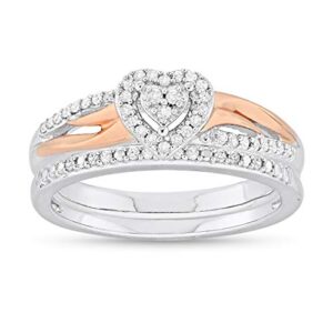 14k rose gold plated .925 sterling silver 1/5 cttw diamond heart halo engagement ring and wedding band bridal set (h-i color, i1-i2 clarity) - size 9