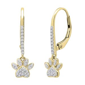 dazzlingrock collection round white diamond cat paw print drop dangle lever back earrings for her (0.20 ctw, color i-j, clarity i2-i3) in 10k yellow gold