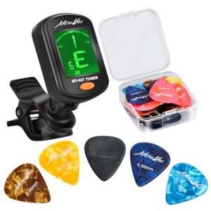 moreyes 28pcs picks guitar tuner clip on chromatic digital tuner for acoustic guitars violin, ukulele, bass