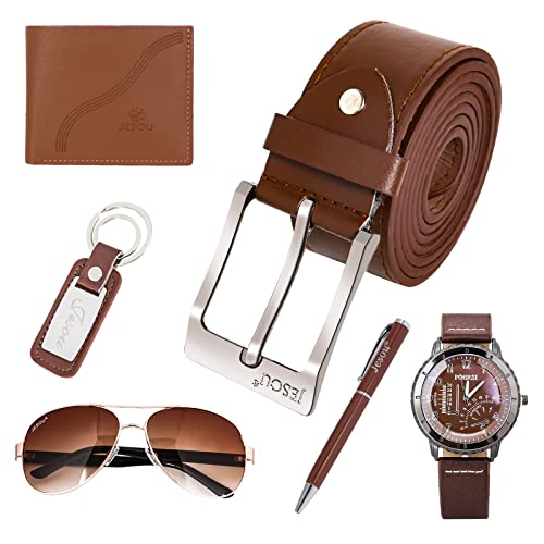 6pcs Men's Gift Set with Box Brown Leather Belt Wallet Watch Glasses Keychain Ballpoint Pen Gifts for Men