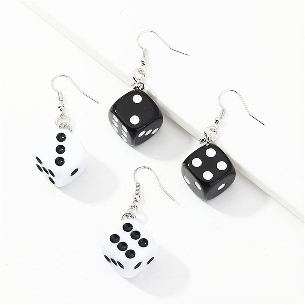 Menglisi2 Pairs Dice Earring Contracted Sieve Disco Dancing Earrings Punk Resin Black White Cube Dice Casino Drop Earrings Funny Geometric 3D Dice Dangle Earrings for Women Girl