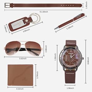 6pcs Men's Gift Set with Box Brown Leather Belt Wallet Watch Glasses Keychain Ballpoint Pen Gifts for Men