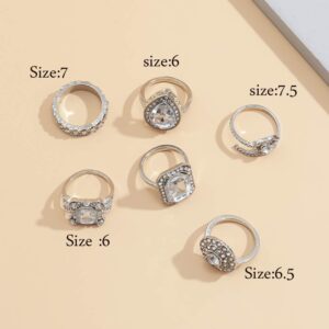 Missgrace Silver Full Rhinestones Stackable Dainty Boho Rhinestones Rings Set Festival Bohemian Rings Set Beach and Vacation Jewelry Knuckle Rings Tribal Accessory for Women and Girls 6Pcs