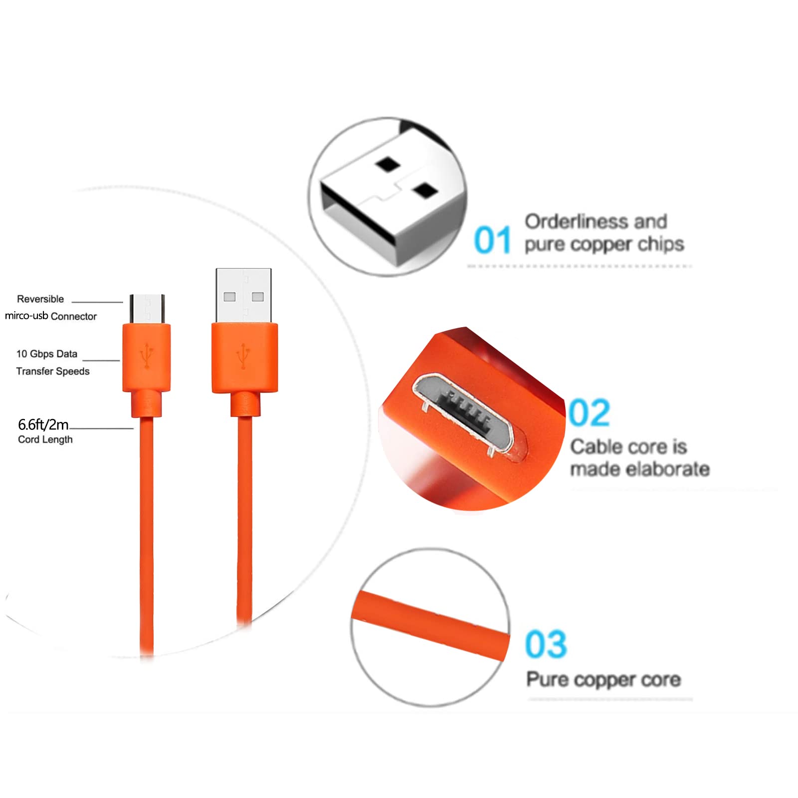 Replacement USB Charger Charging Cable Cord for Ring Enabled Ring Video Doorbell 2/3/Plus / 4 (2020 Release) Power Cord, Peephole Cam,Doorbell Pro,Doorbell 2 3 Camera Battery Charging Cable (Orange)