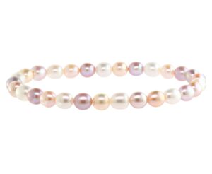 aaaa 6-6.5mm white, natural pink, & natural peach colored round freshwater cultured pearl bride & bridesmaid stetch strand bracelet- 7"