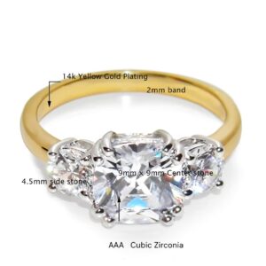 IVY & BAUBLE 3 Stone Cushion Cut Simulated Diamond Engagement Rings for Women in 18K Yellow Gold Plating, Size 5